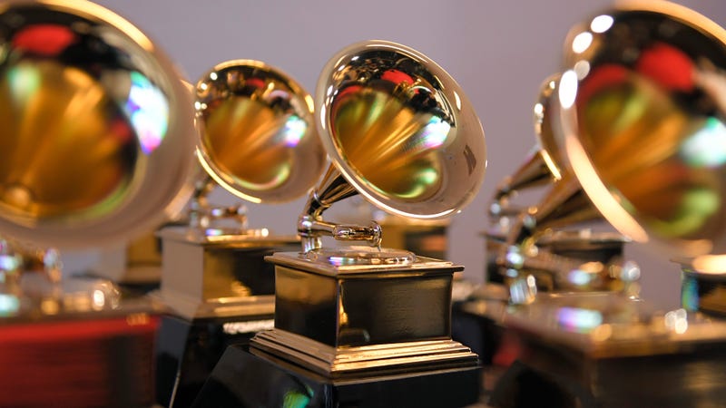 Grammy trophies sit in the press room during the 64th Annual GRAMMY Awards at MGM Grand Garden Arena on April 03, 2022
