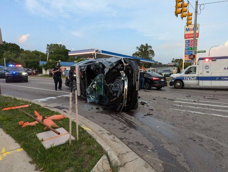 Smashed car on its side