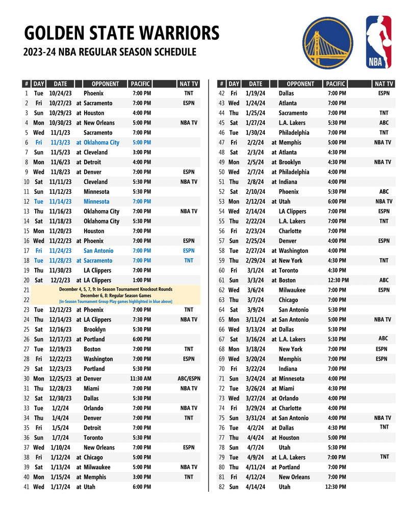 Warriors schedule