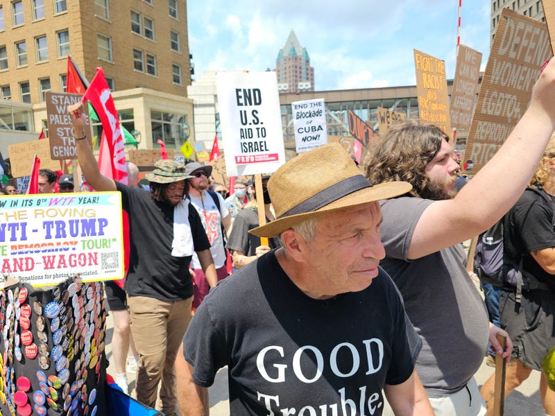 About 1,000 people march near the site of the Republican National Convention in Milwaukee on July 15, 2024. The Coalition to March on the RNC consists of more than 120 organizations focused on human rights.