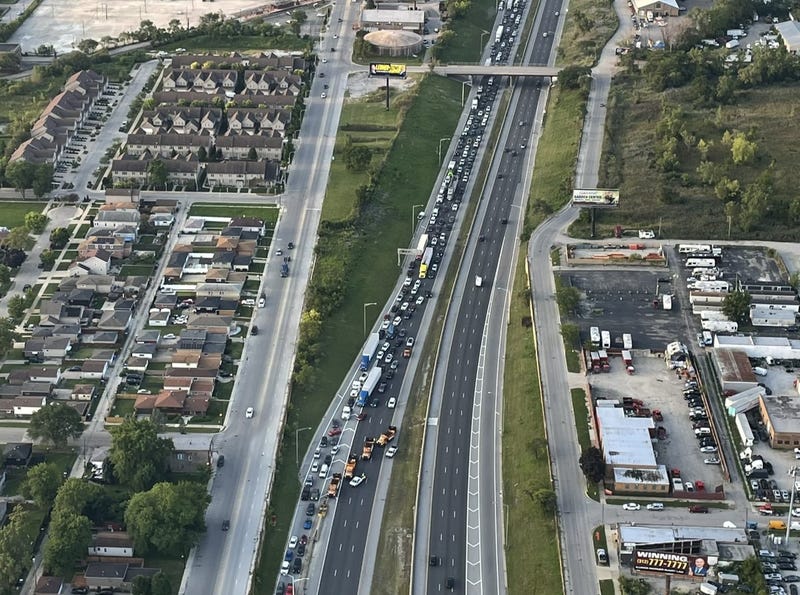 An aerial photo shows the total closure of Interstate 57's northbound lanes following a fatal hit-and-run that took place early Monday morning.