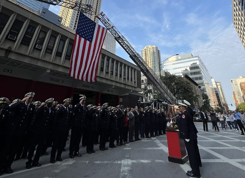 Chicago firefighters, aldermen and Mayor Brandon Johnson gather at Engine No. 42 in River North for the ceremonial ringing of the bell and moment of silence in remembrance of the 9/11 terrorist attacks that took place in New York City 23 years ago.