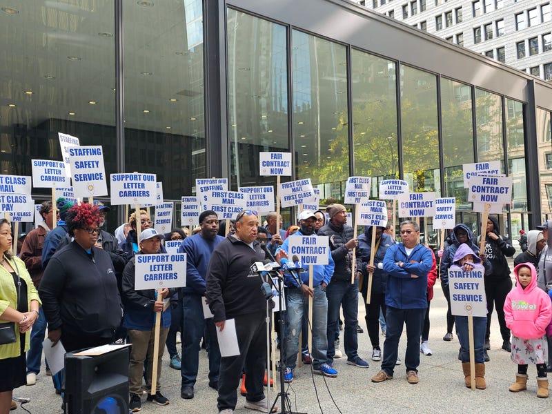 United States Postal Service (USPS) mail carriers rally outside the Chicago Loop Post Office on Oct. 14, 2024, where they said USPS has yet to share with them a plan to handle mail-in ballots for the Nov. 5, 2024, General Election.