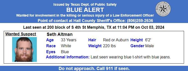 Seth Altman is wanted in Hall County Texas