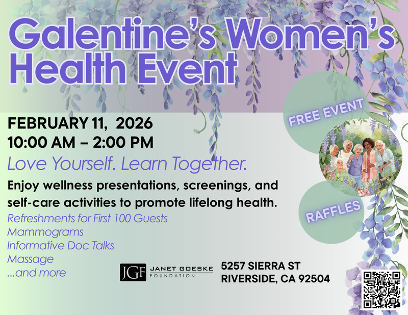 Galentine's Women's Health Event flyer with purple flowers