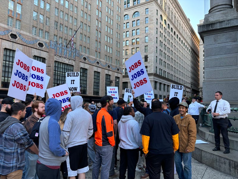 Supporters of the proposed 76ers arena demonstrate outside of City Hall on Oct. 24, 2024.