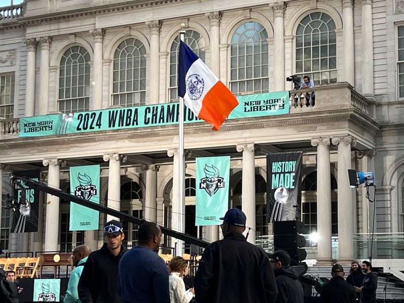 City Hall is seen decked out in New York Liberty signage Thursday morning