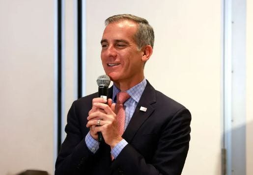 Mayor of Los Angeles Eric Garcetti speaks at Global Sports Week at Los Angeles Hub on May 11, 2022 in Los Angeles, California. Photo