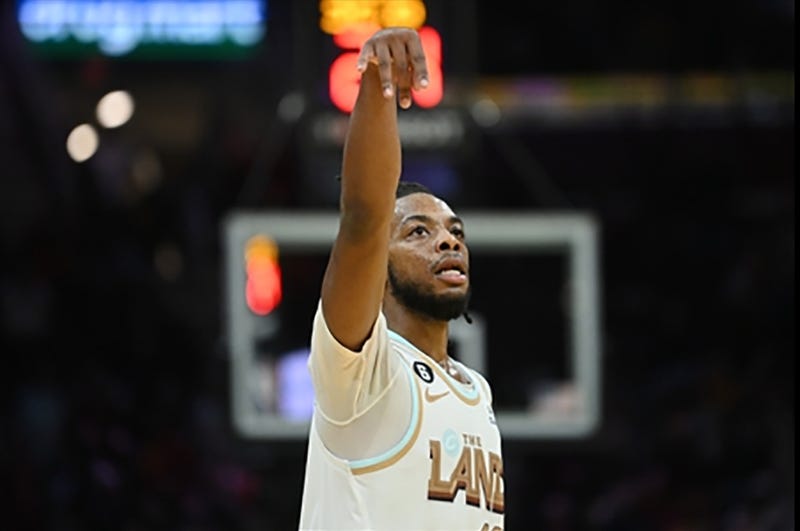 Cleveland Cavaliers guard Darius Garland (10) watches his three point shot during the second half against the Minnesota Timberwolves at Rocket Mortgage FieldHouse. 