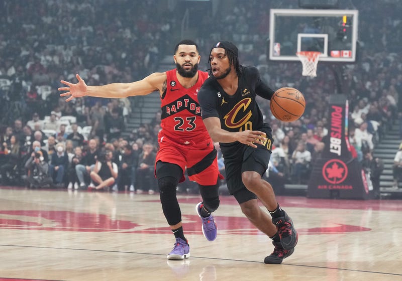 Oct 19, 2022; Toronto, Ontario, CAN; Cleveland Cavaliers guard Darius Garland (10) controls the ball as Toronto Raptors guard Fred VanVleet (23) tries to defend during the first quarter at Scotiabank Arena.