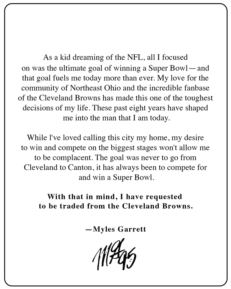The letter Myles Garrett wrote requesting a trade from the Browns