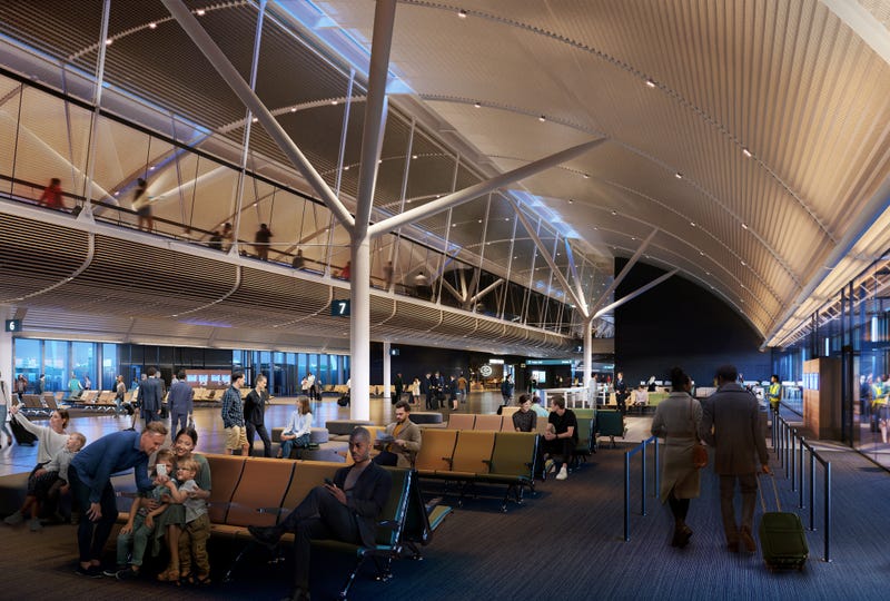 One of the planned gate lounges included in the new expansion. Officials said the tree-like columns inside were inspired by orchard fields that used to fill the site upon which O'Hare Airport currently sits.