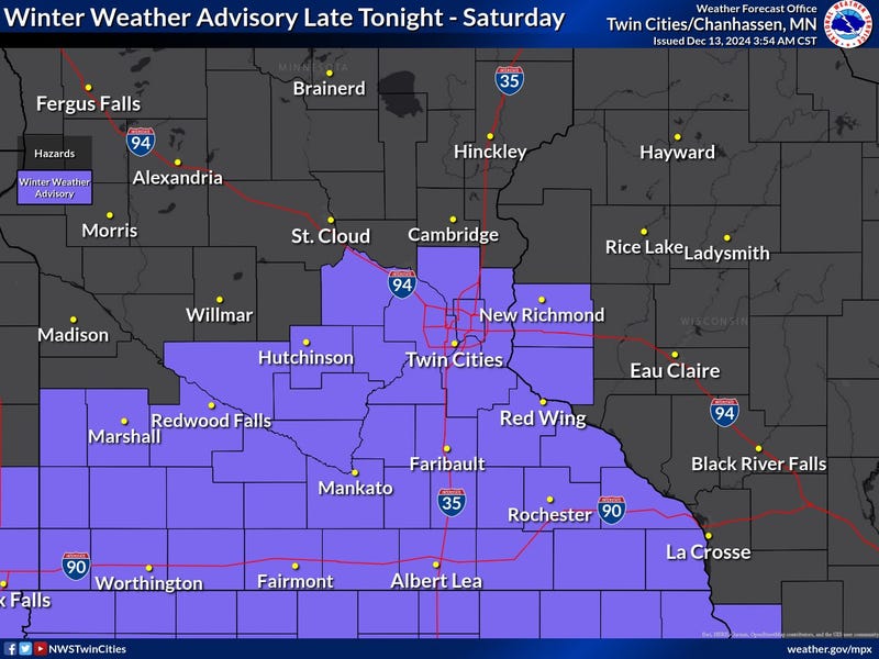 An icy wintry mix of snow, sleet, and freezing drizzle develops tonight through Saturday. A Winter Weather Advisory has been issued for much of central and southern MN where icy roads & untreated surfaces are expected.