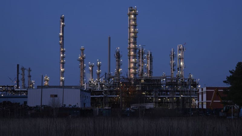 The PCK oil refinery, which which is majority owned by Russian energy company Rosneft, stands illuminated on March 21, 2022 in Schwedt, Germany. 