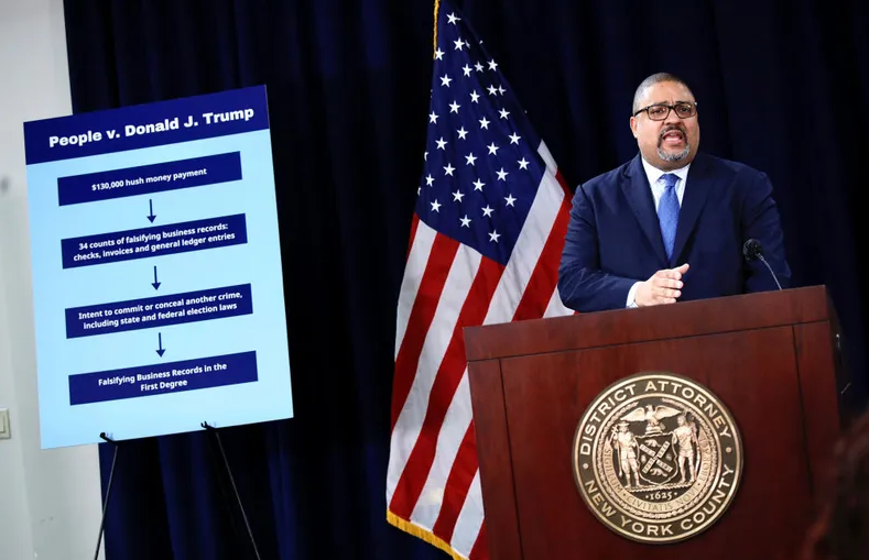 Manhattan District Attorney Alvin Bragg speaks during a press conference following the arraignment of former U.S. President Donald Trump April 4, 2023, in New York City.