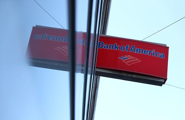 A sign is posted in front of a Bank of America office on July 16, 2018 in San Francisco, California.