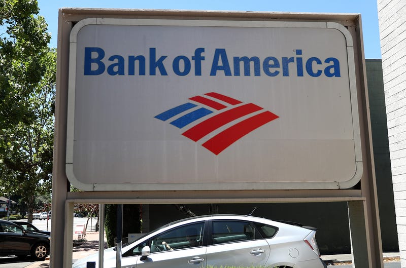 A sign is posted in front of a Bank of America office on July 16, 2018 in Novato, California.