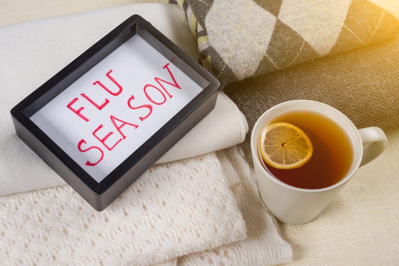 Flu season text in frame. Background warm woolen clothes, cup of hot tea