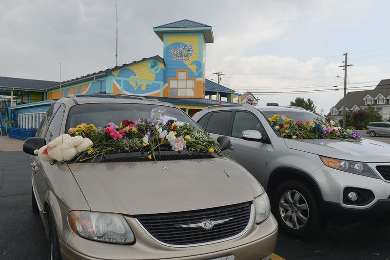 Vehicles of the victims of Thursday's Branson Duck Boat accident have been turned into a memorial on the parking lot for Ride The Ducks on July 20, 2018 in Branson, Missouri.