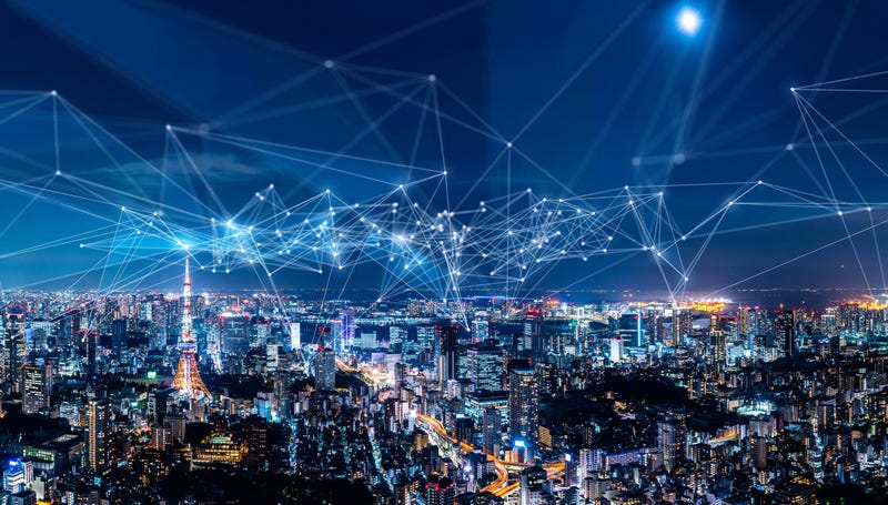 City with data being transmitted concept.