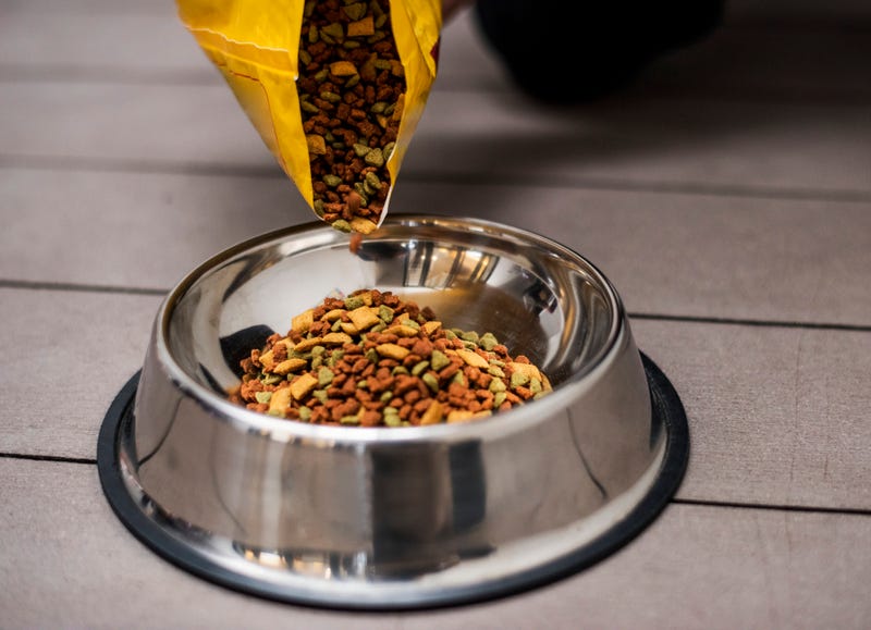 Dog food being poured into a dish. 