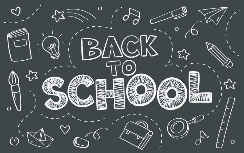 Back to school concept with objects on blackboard poster in doodle style