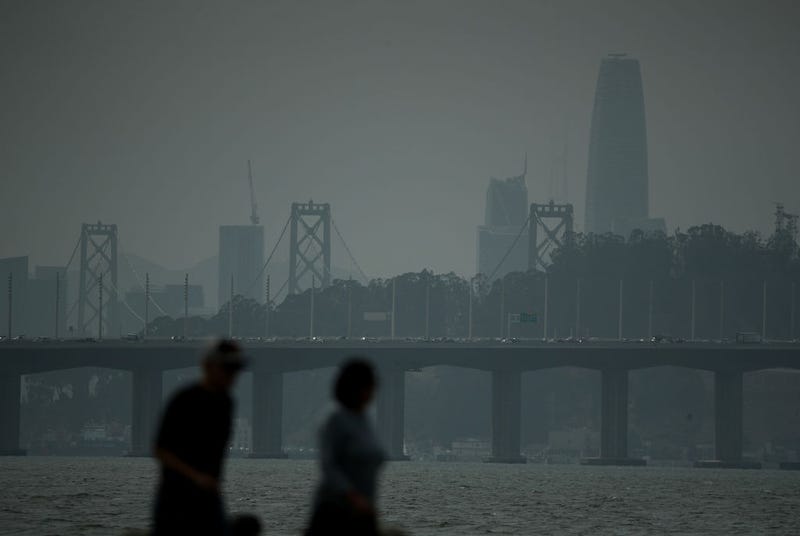 A smoky haze obstructs the view of the San Francisco skyline on August 24, 2018 in San Francisco, California.