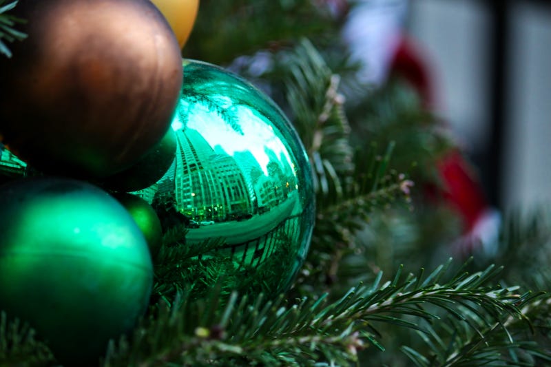 Reflection of Chicago cityscape shown in Christmas ornament