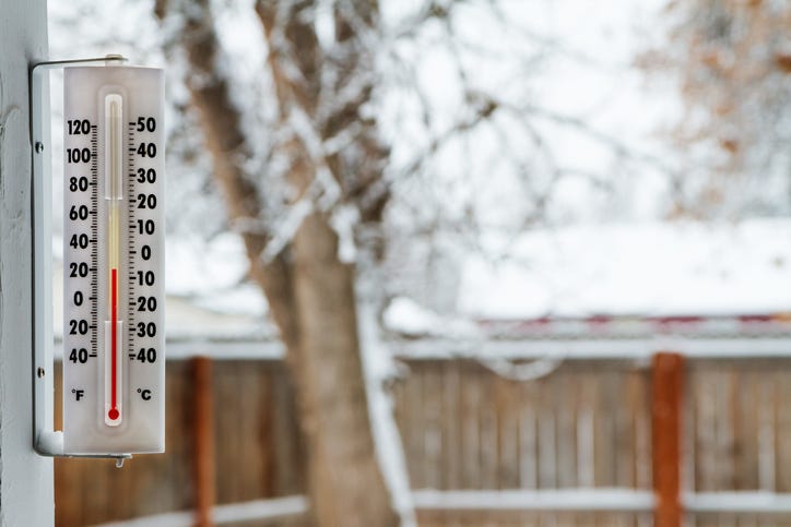 An outdoor thermometer shows below freezing temperatures. A snow-covered tree and fence are visible in the backyard.