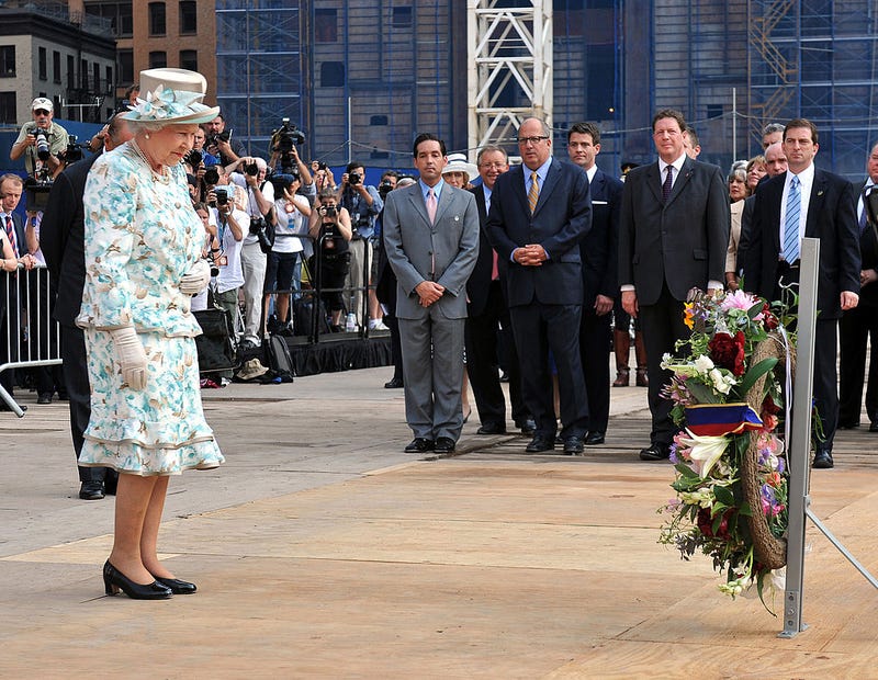 Queen Elizabeth II lays a wreath at the site of the World Trade Center July 6, 2010 in New York City. Queen Elizabeth II and Prince Philip, Duke of Edinburgh have just completed an eight-day tour of Canada and are stopping in New York for one day before heading back to the United Kingdom