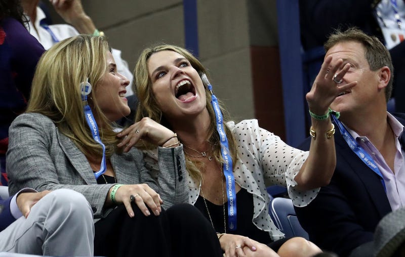 enna Bush Hager and Savannah Guthrie look on during the men's Singles finals match between Novak Djokovic of Serbia and Juan Martin del Potro of Argentina on Day Fourteen of the 2018 US Open