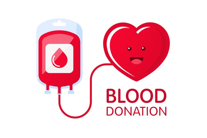 Donate blood concept with blood bag and heart character