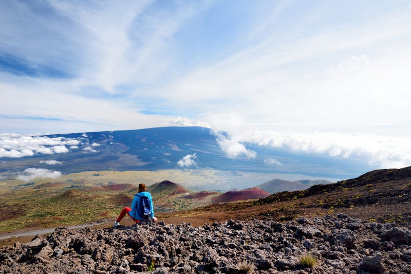 A tourist looking at Mauna Loa volcano on the Big Island of Hawaii.
