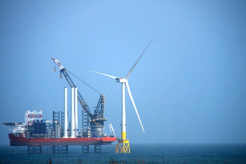 A wind farm installation vessel at work off the coast of Aberdeen, Scotland.