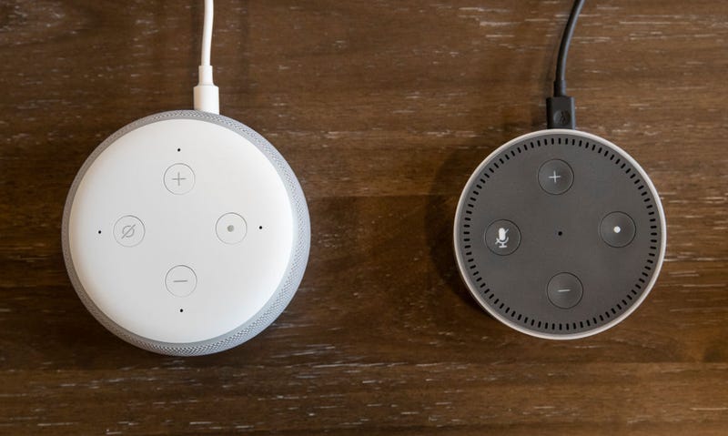An updated "Echo Dot" (L) is pictured next to an older generation "Echo Dot" at Amazon Headquarters, following a launch event, on September 20, 2018 in Seattle Washington.
