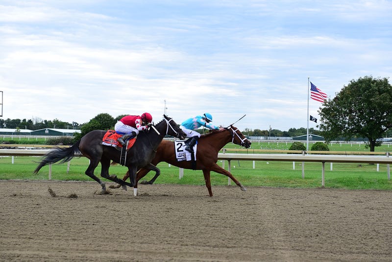 BENSALEM, PA - Monomoy Girl (R) rode by jockey Florent Geroux leads the race during The Cotillion Stakes at Parx Raceway on September 22, 2018 in Bensalem, Pennsylvania.