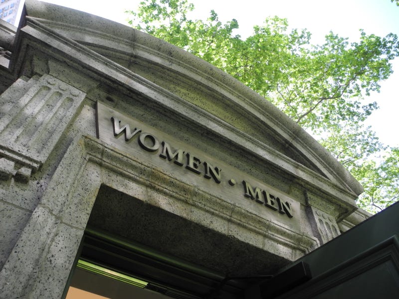 Women - Men written outside of the recently renovated public toilets at Bryan Park in Manhattan, New York, US, 10 May 2017. Visitors and neighbors of the park are marveled by the toilets, and the New York Times calls them the "Tiffany's of public restrooms'.