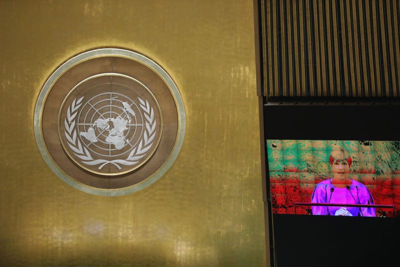 President of Estonia Kersti Kaljulaid addresses the United Nations General Assembly on September 26, 2018 in New York City. World leaders are gathered for the 73rd annual meeting at the UN headquarters in Manhattan. (Photo by John Moore/Getty Images)