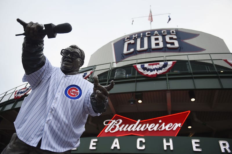 The Harry Caray statue is seen before the National League Wild Card Game between the Colorado Rockies and the Chicago Cubs at Wrigley Field on October 2, 2018 in Chicago, Illinois.