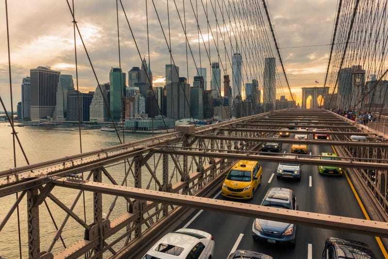 Cars on the Brooklyn Bridge.