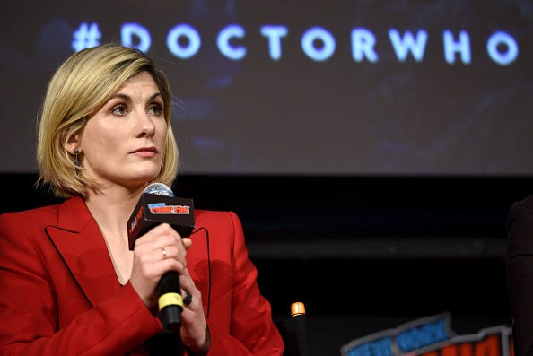Jodie Whittaker speaks at a "Doctor Who" convention. 