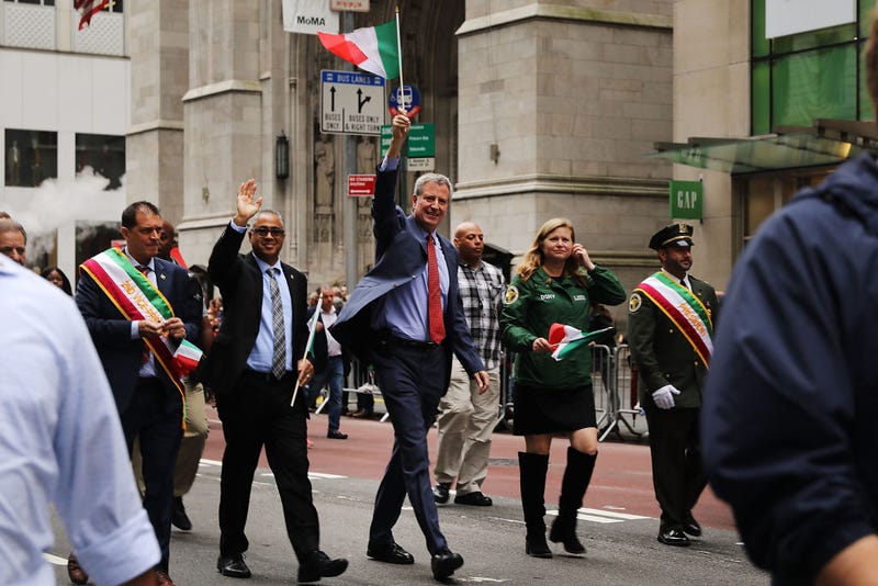 New York City Mayor Bill de Blasio marches in the annual Columbus Day parade on October 8, 2018 in New York City. Organized by the Columbus Citizens Foundation, the parade is billed as the world's largest celebration of Italian-American heritage and culture and has been run since 1929. The parade runs from 44th Street to 72nd Street and is also used as a showcase for local politicians, civic groups, marching bands and city workers.