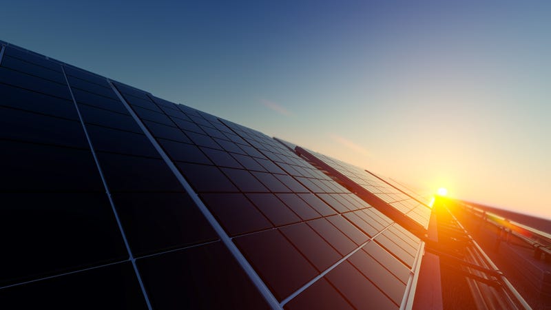 Solar panels at dusk.