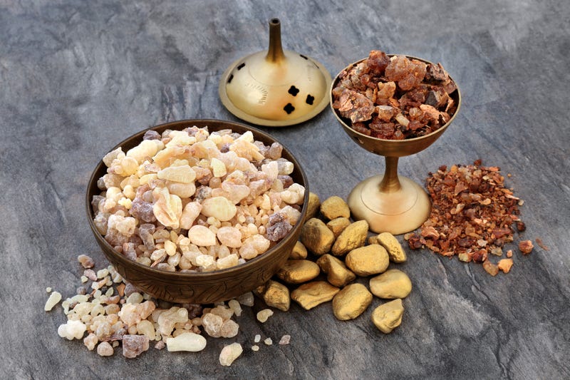 Gold frankincense and myrrh religious concept of gifts of the three wise men at Christmas celebrating the birth of Christ.