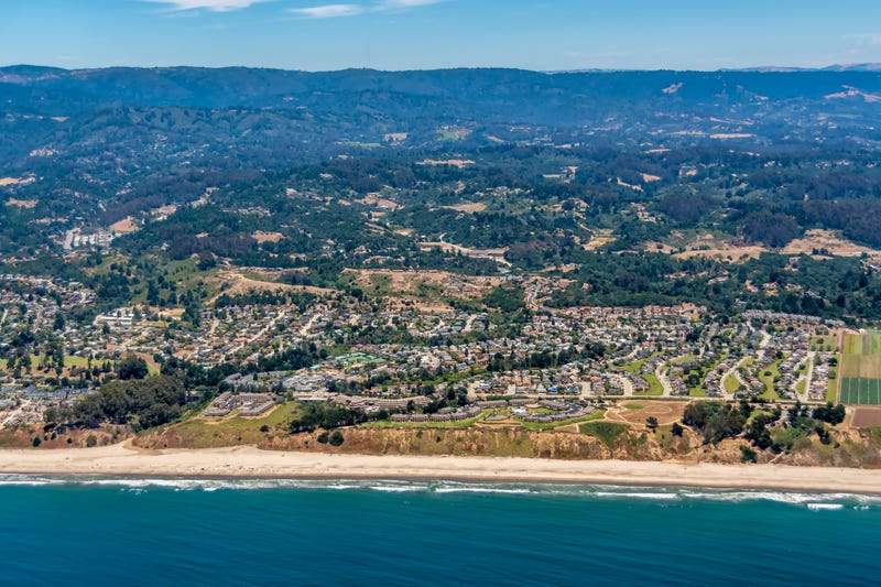 The aerial view of California coast with the city of Aptos.