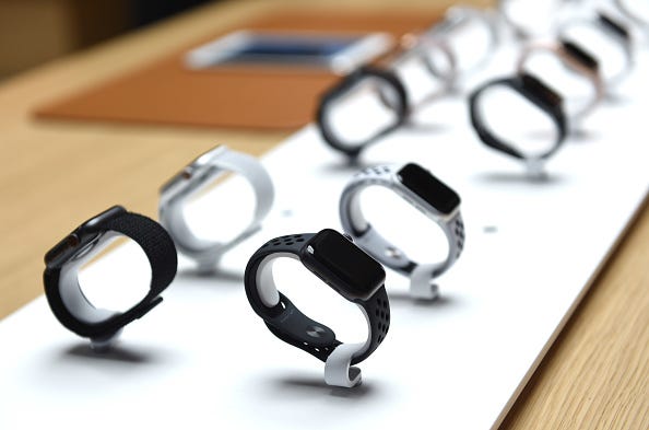 General view of the Apple Watch during the Apple Covent Garden re-opening and iPhone XR launch at Apple store, Covent Garden on October 26, 2018 in London, England. 