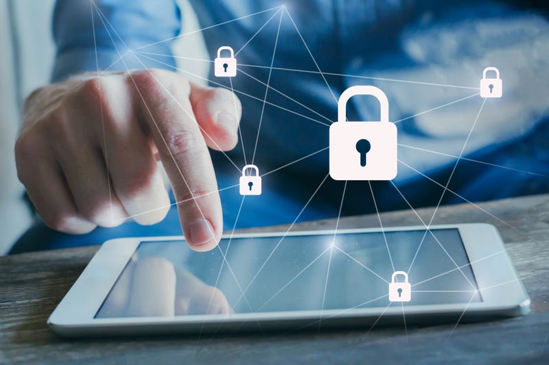 Data protection and cybersecurity, internet network with padlocks.