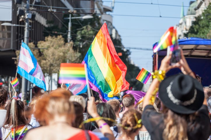 Picture of a crowd of people holding and Pride flags. 