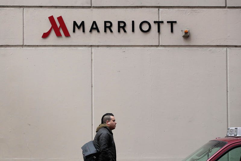 A sign marks the location of a Marriott hotel on November 30, 2018. 