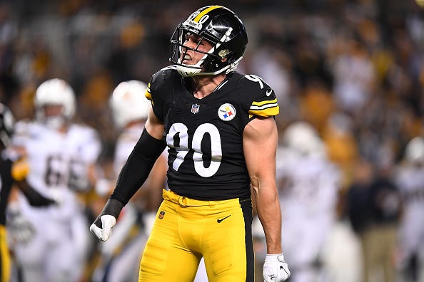 T.J. Watt models the Steelers black uniform tops. 